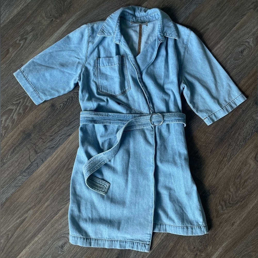 Nanushka Italian Denim Wrap Mini Dress Belted Short Sleeve Blue Size S boho